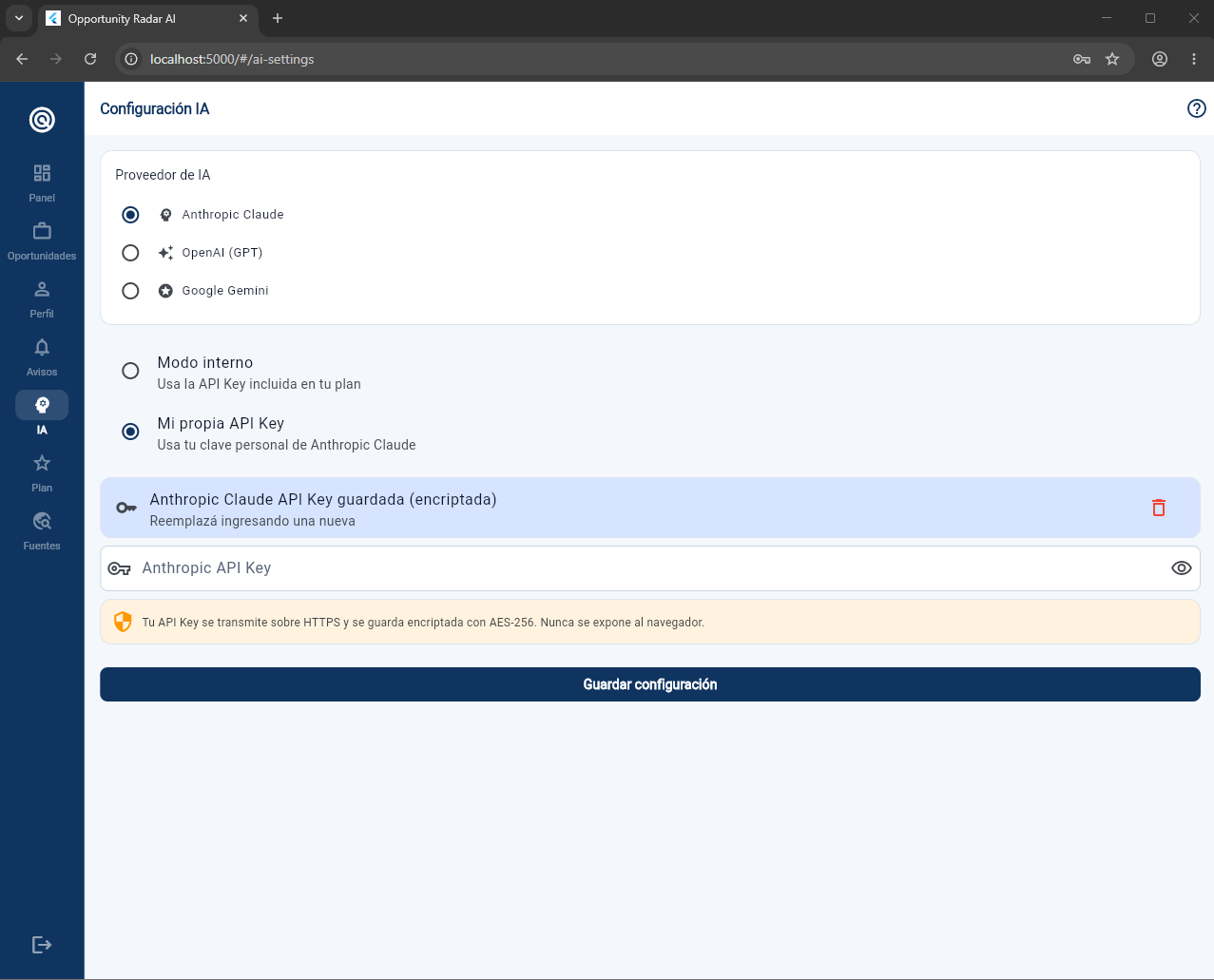 OpportunityRadar AI settings