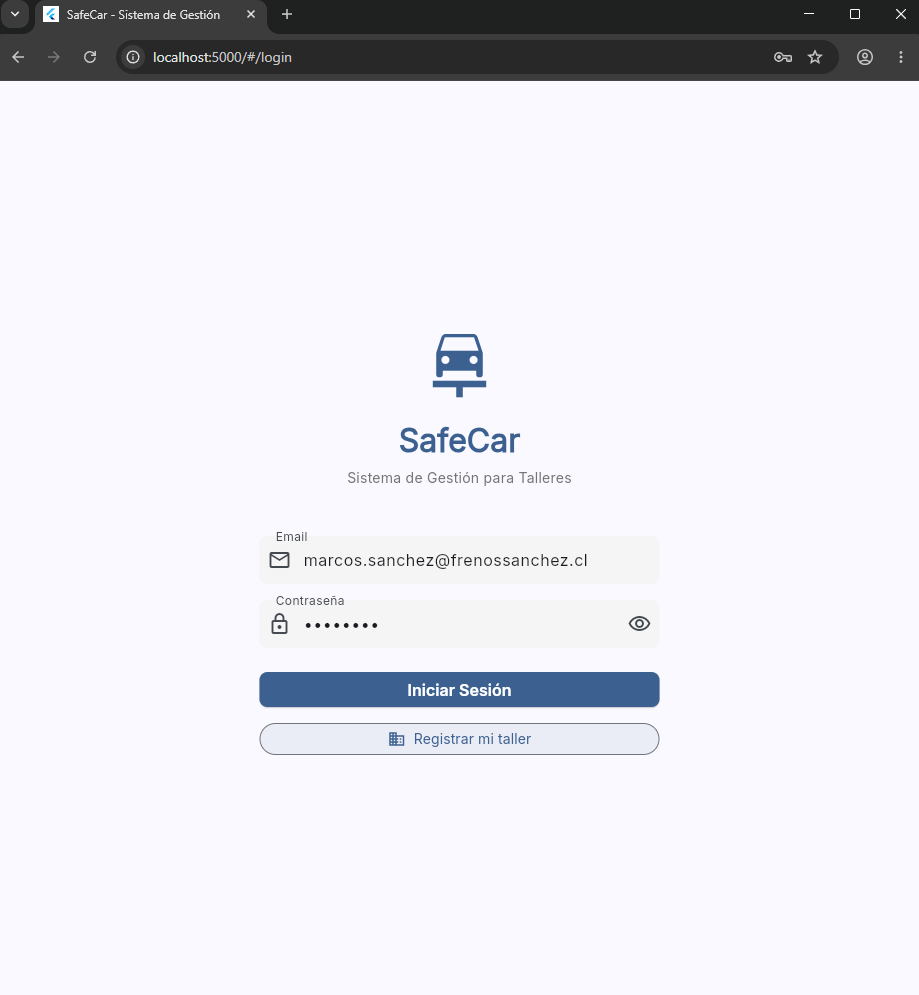SafeCar login screen